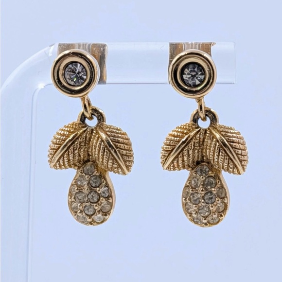 Vintage Christian Dior Tulip Flower Pine Cone Dangle Drop 14k Gold Post Earrings